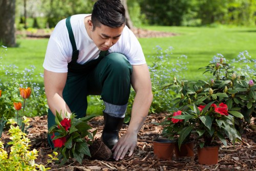 Worker wearing PPE handling landscaping equipment